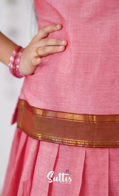 Cotton Pavadai Sattai - Pink &amp; Reddish Maroon Kids-Suttis