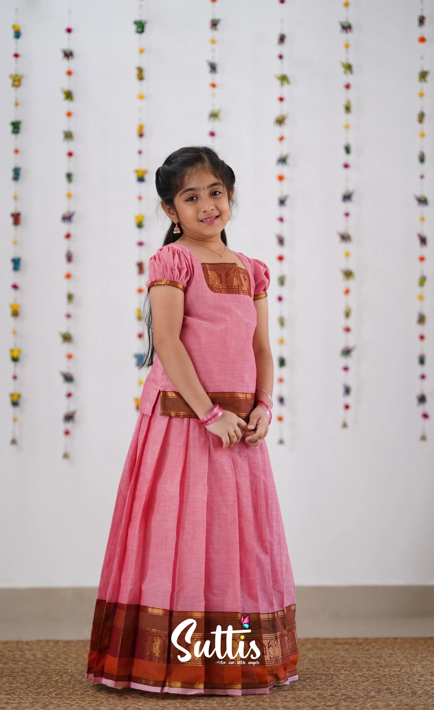 Cotton Pavadai Sattai - Pink &amp; Reddish Maroon Kids-Suttis