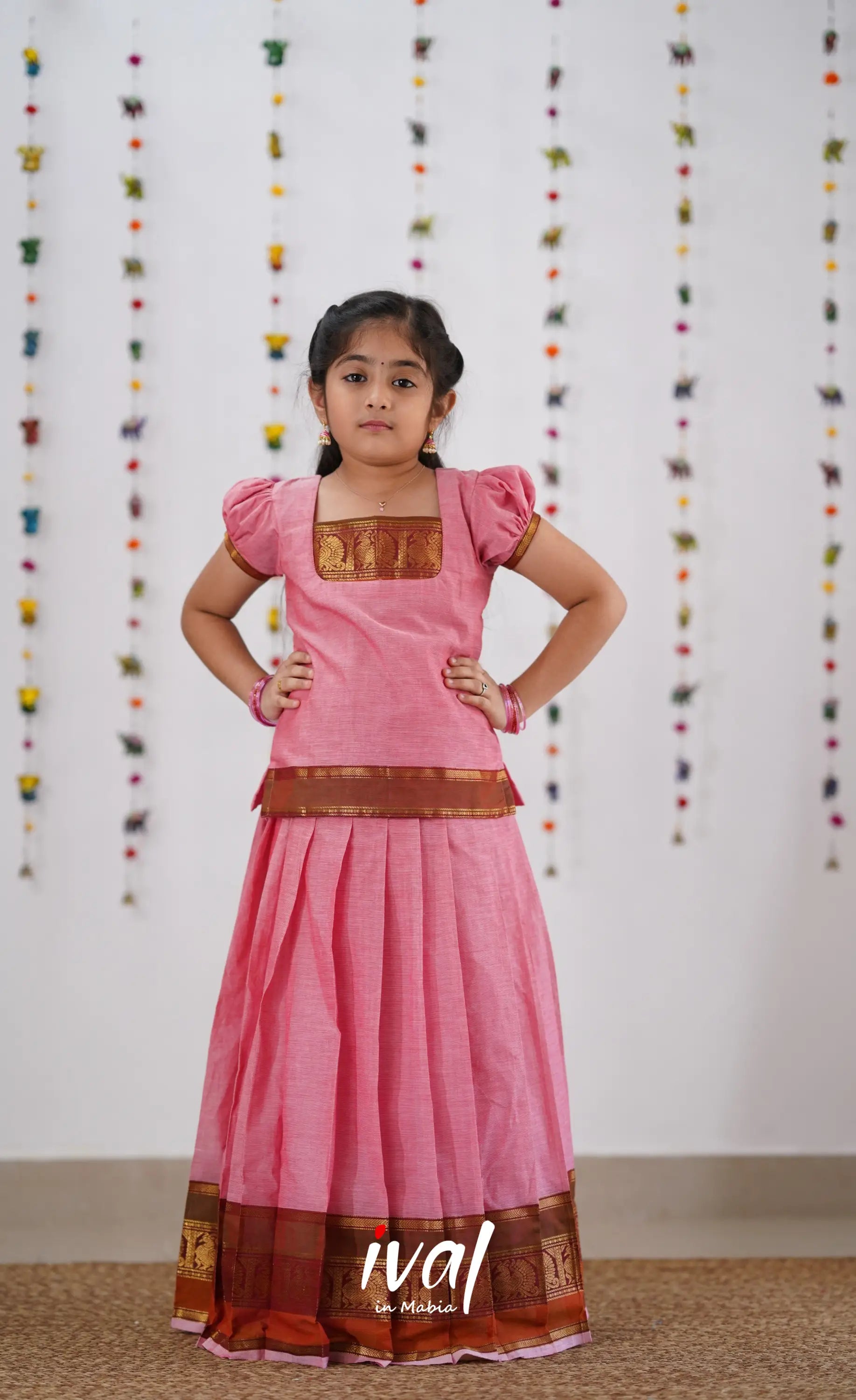 Cotton Pavadai Sattai - Pink &amp; Reddish Maroon Kids-Suttis