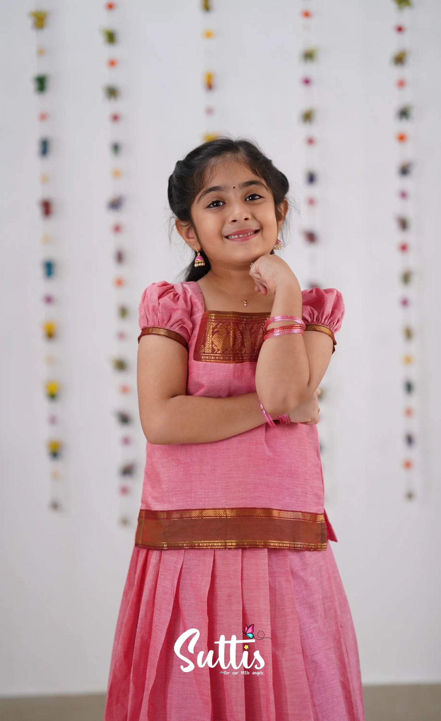 Cotton Pavadai Sattai - Pink &amp; Reddish Maroon Kids-Suttis