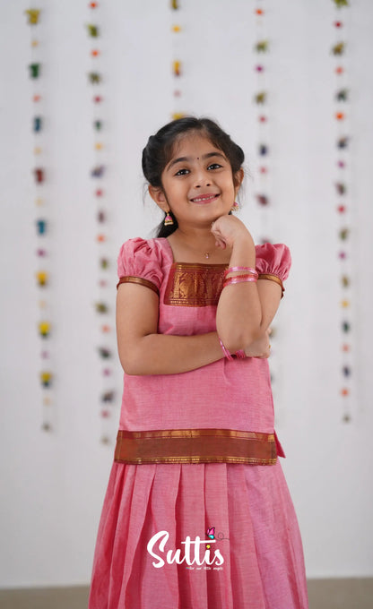 Cotton Pavadai Sattai - Pink &amp; Reddish Maroon Kids-Suttis