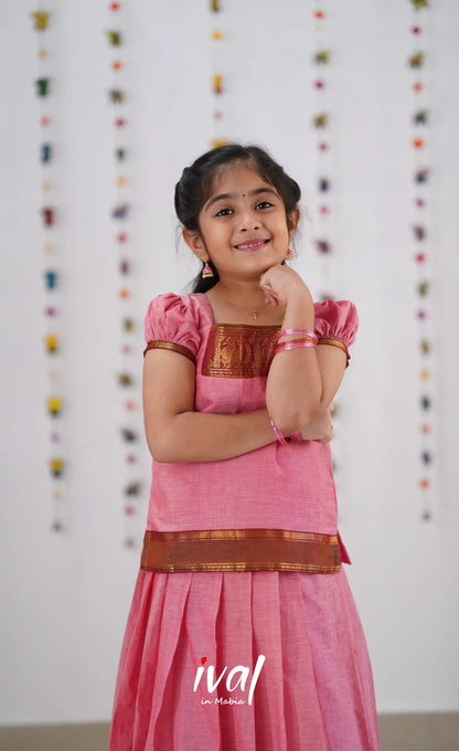 Cotton Pavadai Sattai - Pink &amp; Reddish Maroon Kids-Suttis