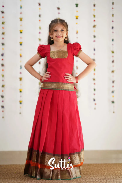 Cotton Pavadai Sattai - Red &amp; Bottle Green Kids-Suttis