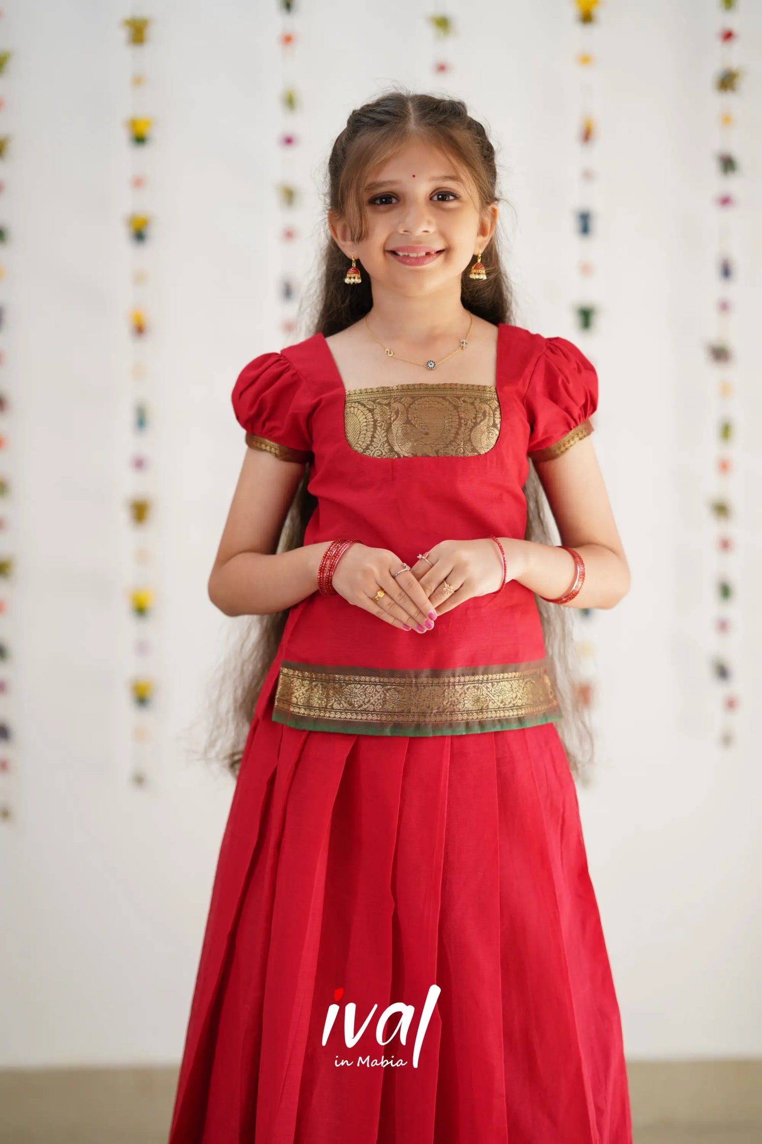 Cotton Pavadai Sattai - Red &amp; Bottle Green Kids-Suttis