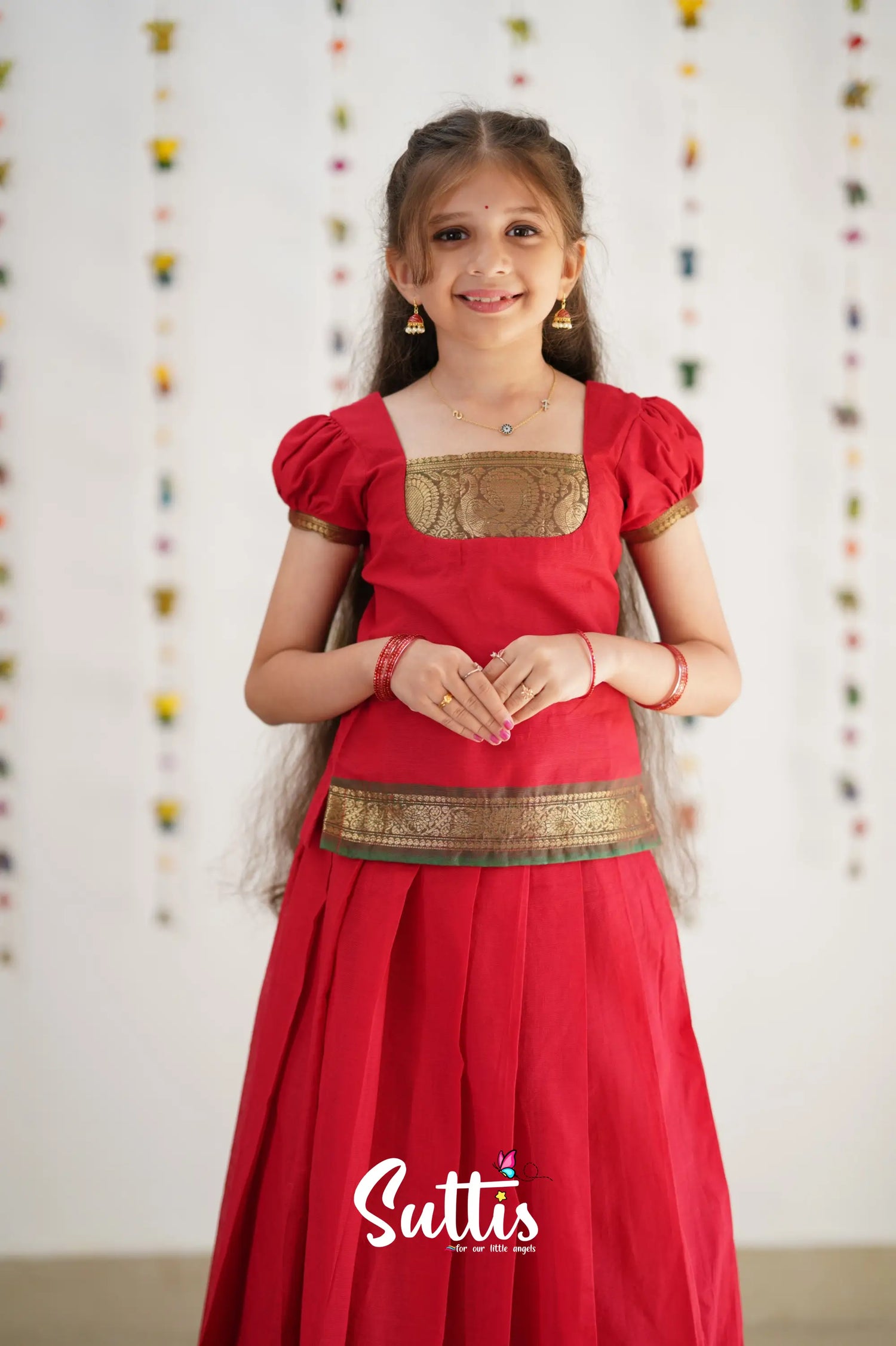 Cotton Pavadai Sattai - Red &amp; Bottle Green Kids-Suttis