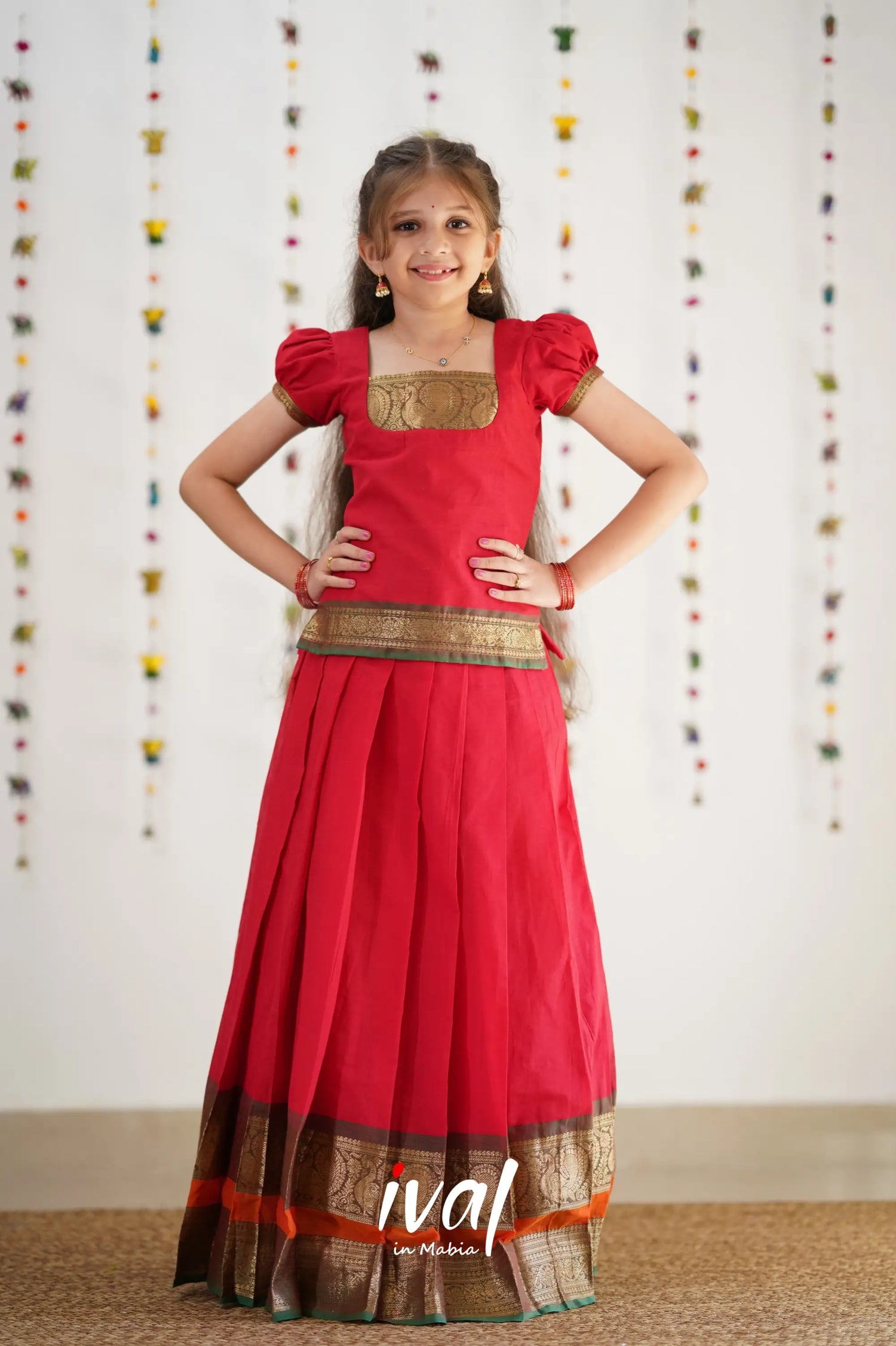 Cotton Pavadai Sattai - Red &amp; Bottle Green Kids-Suttis