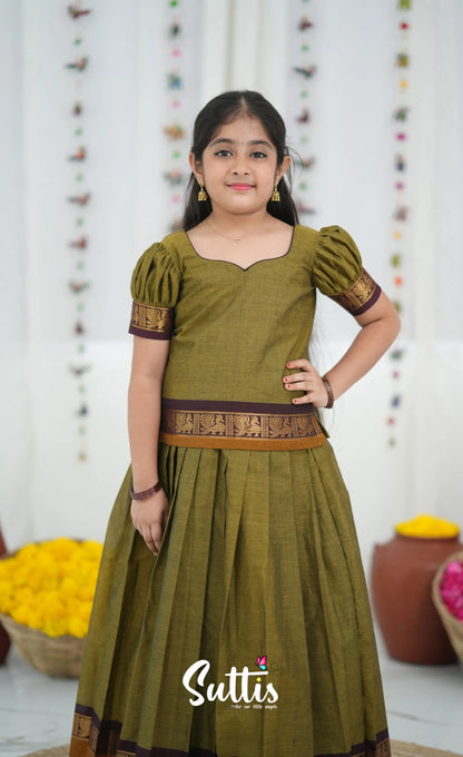 Cotton Pavadai Sattai Two tone Henna Brown and maroon Kids Suttis