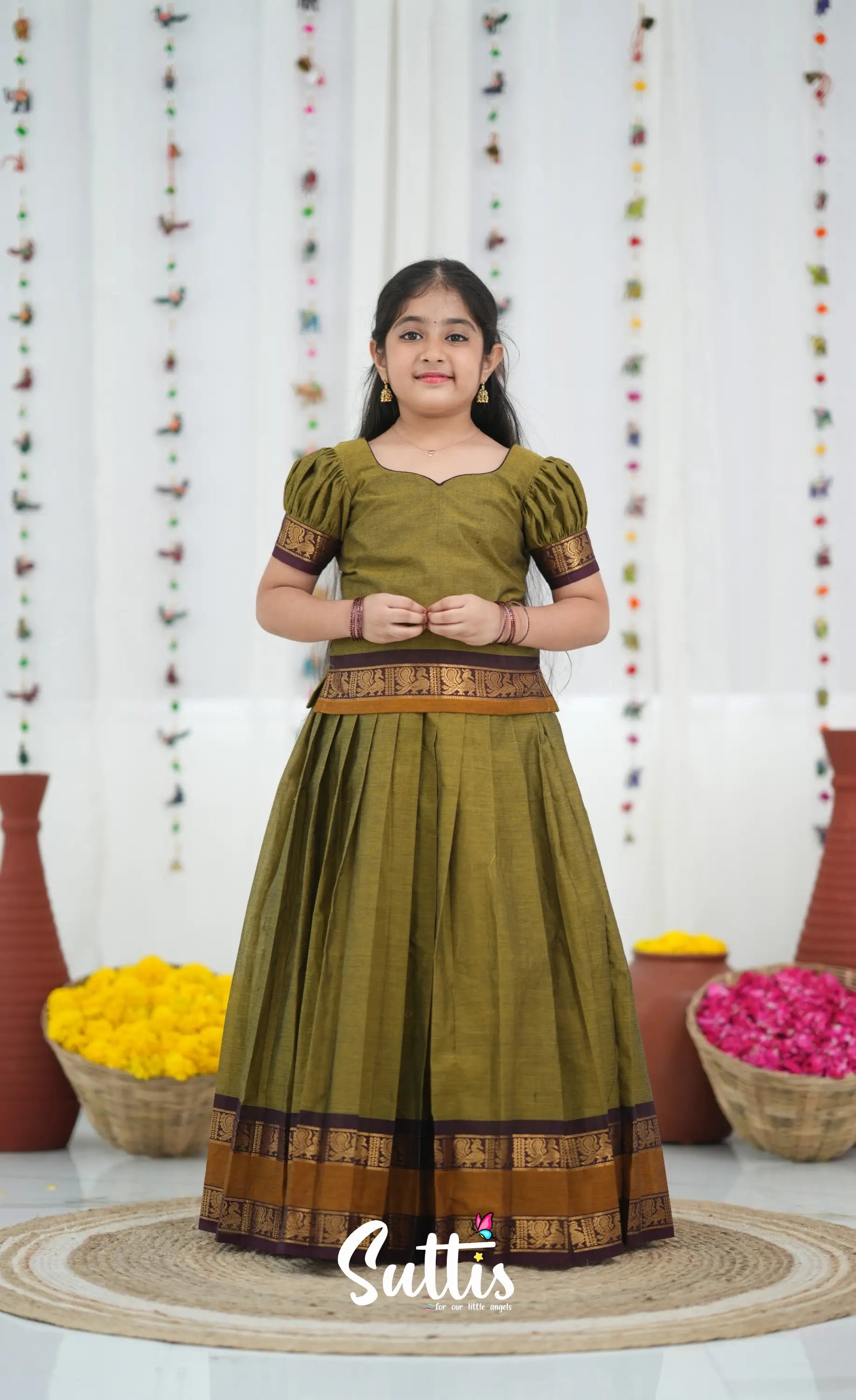 Cotton Pavadai Sattai Two tone Henna Brown and maroon Kids Suttis