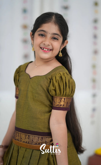 Cotton Pavadai Sattai Two tone Henna Brown and maroon Kids Suttis