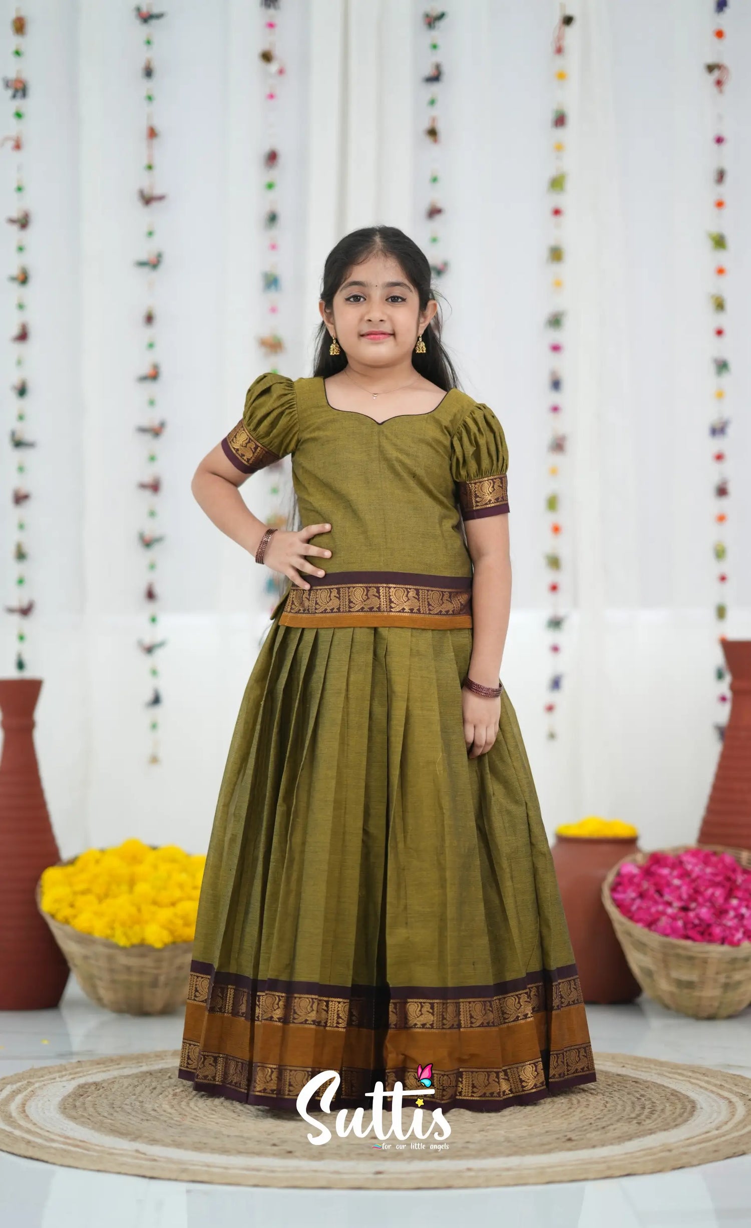 Cotton Pavadai Sattai Two tone Henna Brown and maroon Kids Suttis