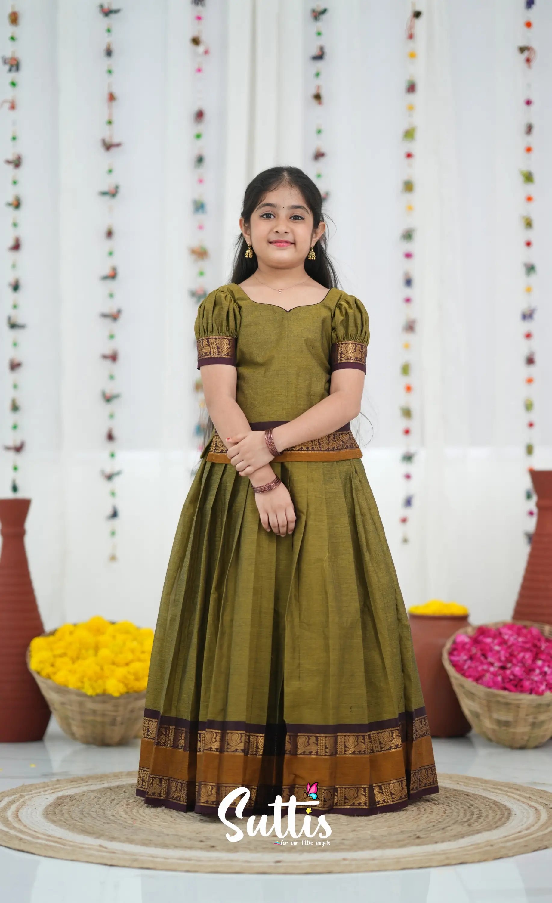 Cotton Pavadai Sattai Two tone Henna Brown and maroon Kids Suttis