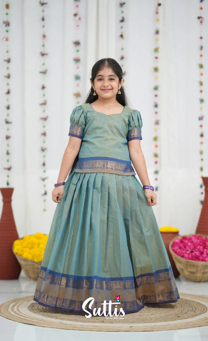 Cotton Pavadai Sattai Two tone Light Blue and Blue Kids Suttis
