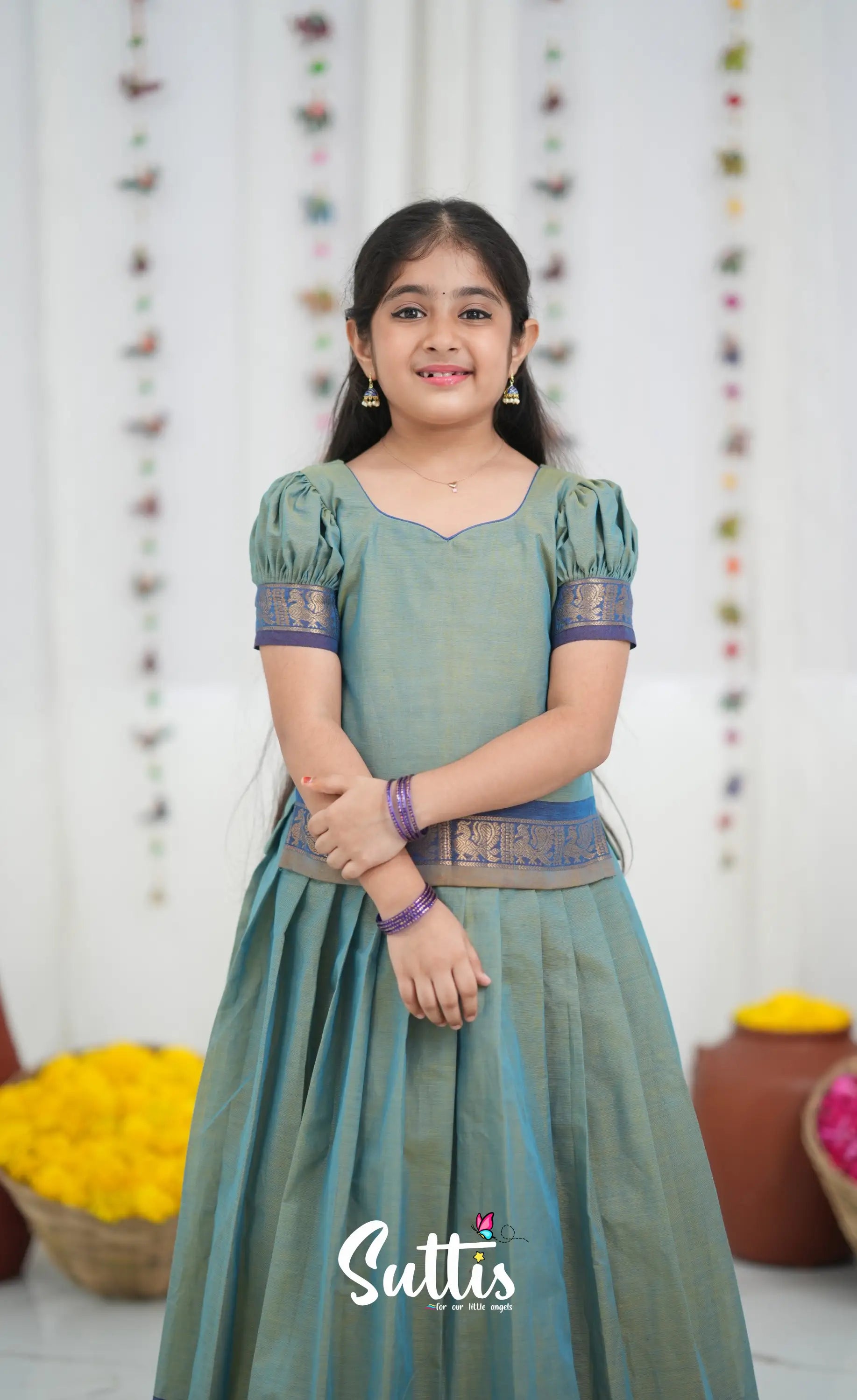 Cotton Pavadai Sattai Two tone Light Blue and Blue Kids Suttis