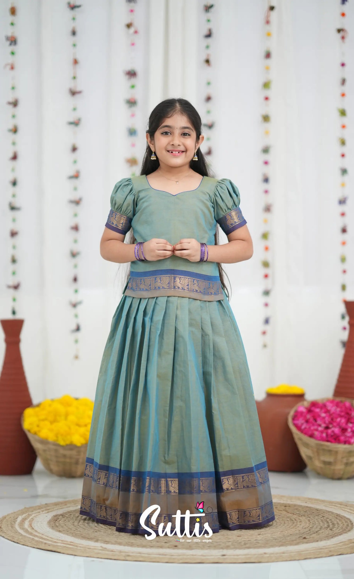 Cotton Pavadai Sattai Two tone Light Blue and Blue Kids Suttis