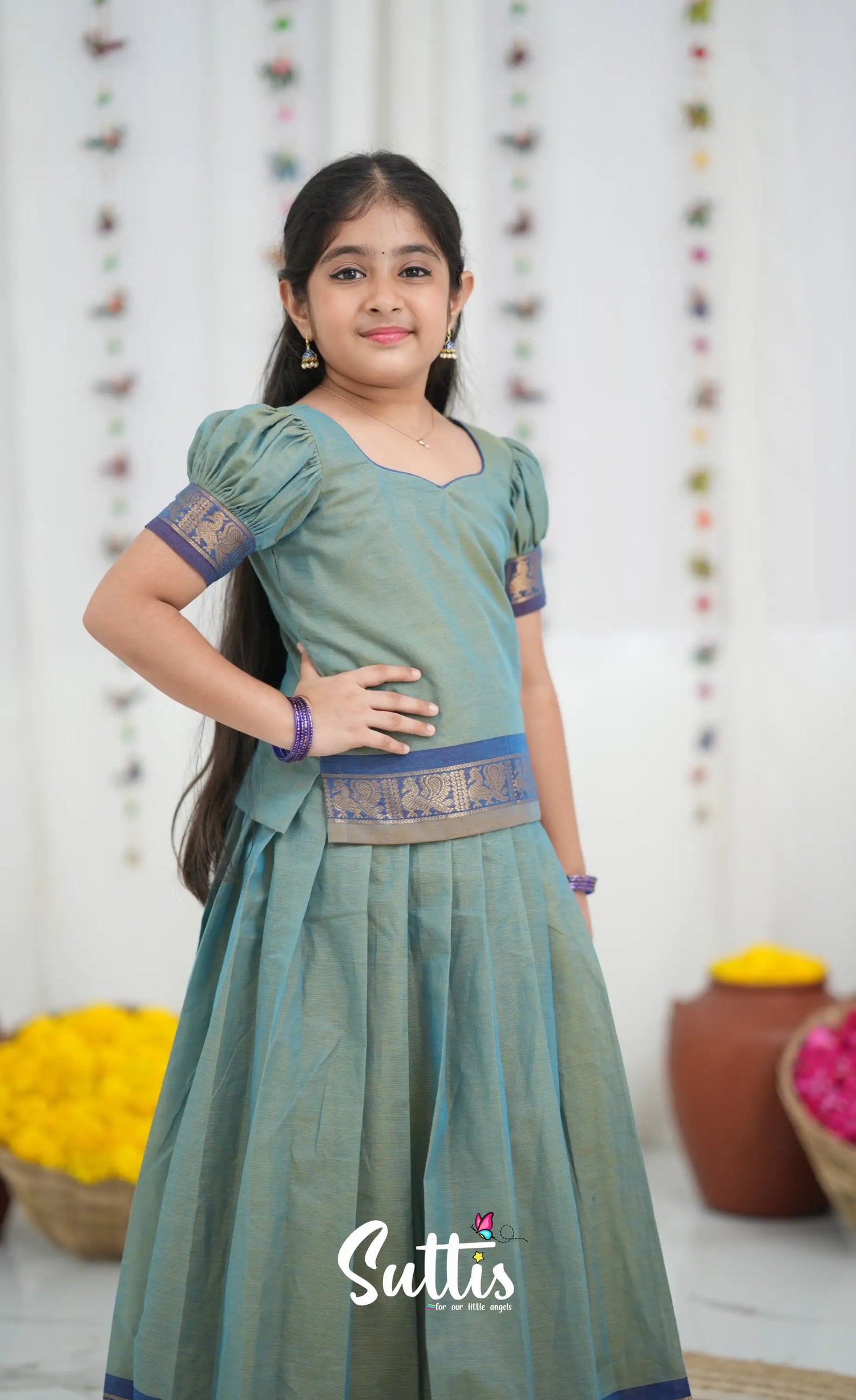 Cotton Pavadai Sattai Two tone Light Blue and Blue Kids Suttis