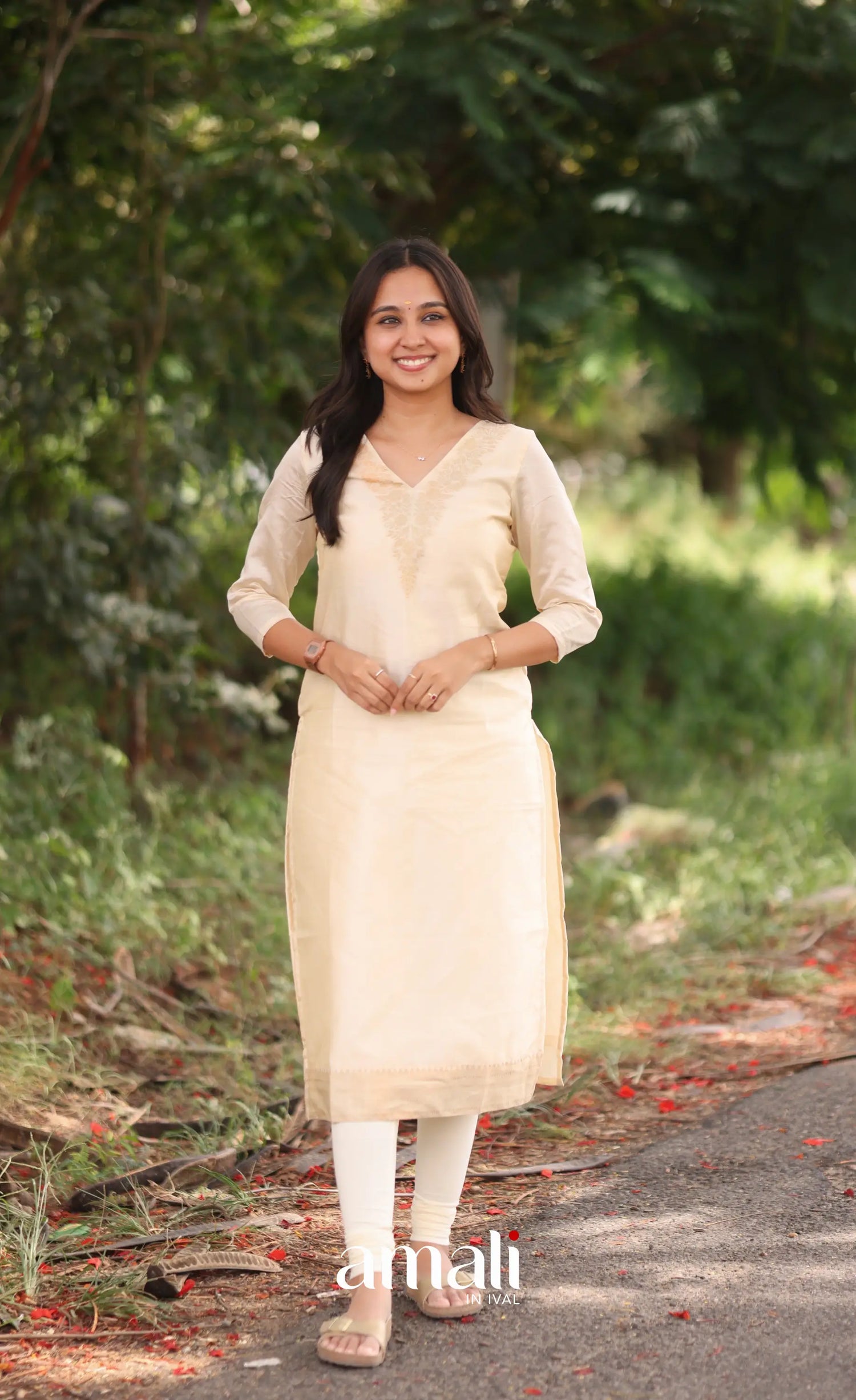 Cream and Green Blended Silk Salwar - salwar