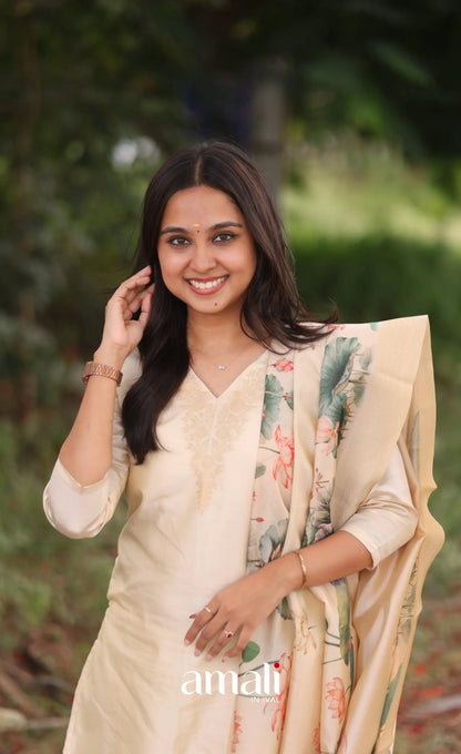 Cream and Green Blended Silk Salwar - salwar