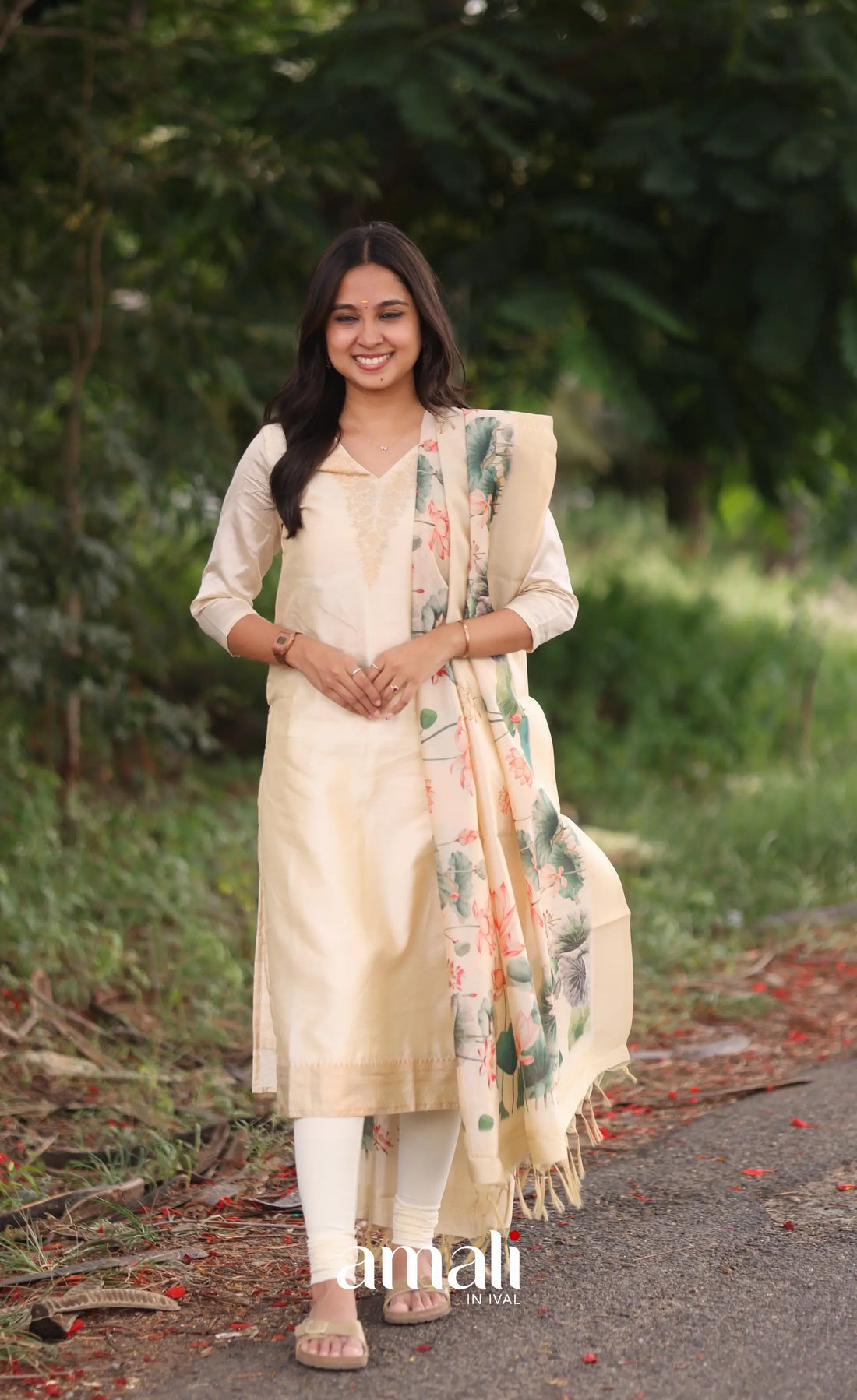 Cream and Green Blended Silk Salwar - salwar