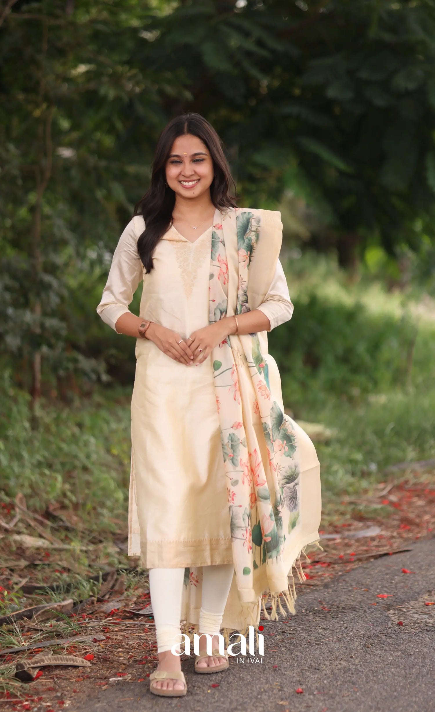 Cream and Green Blended Silk Salwar - salwar
