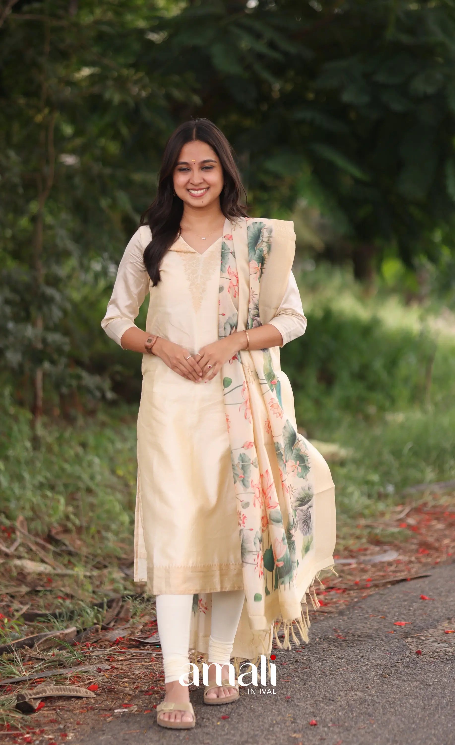 Cream and Green Blended Silk Salwar - salwar
