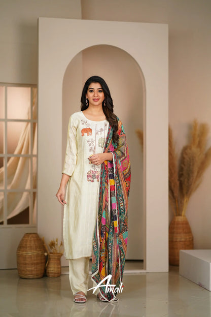 Cream Semi Silk Salwar Anarkalis