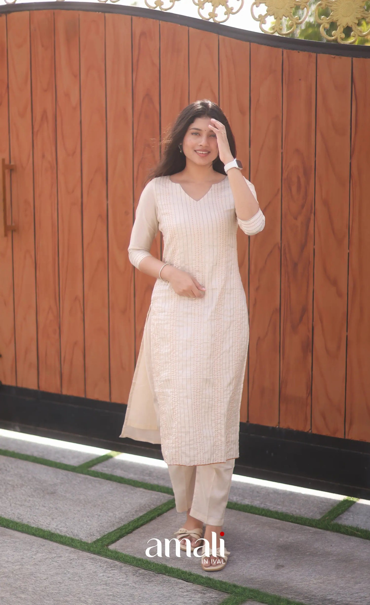 Creamish white and Light brown Semi Tussar Salwar - salwar