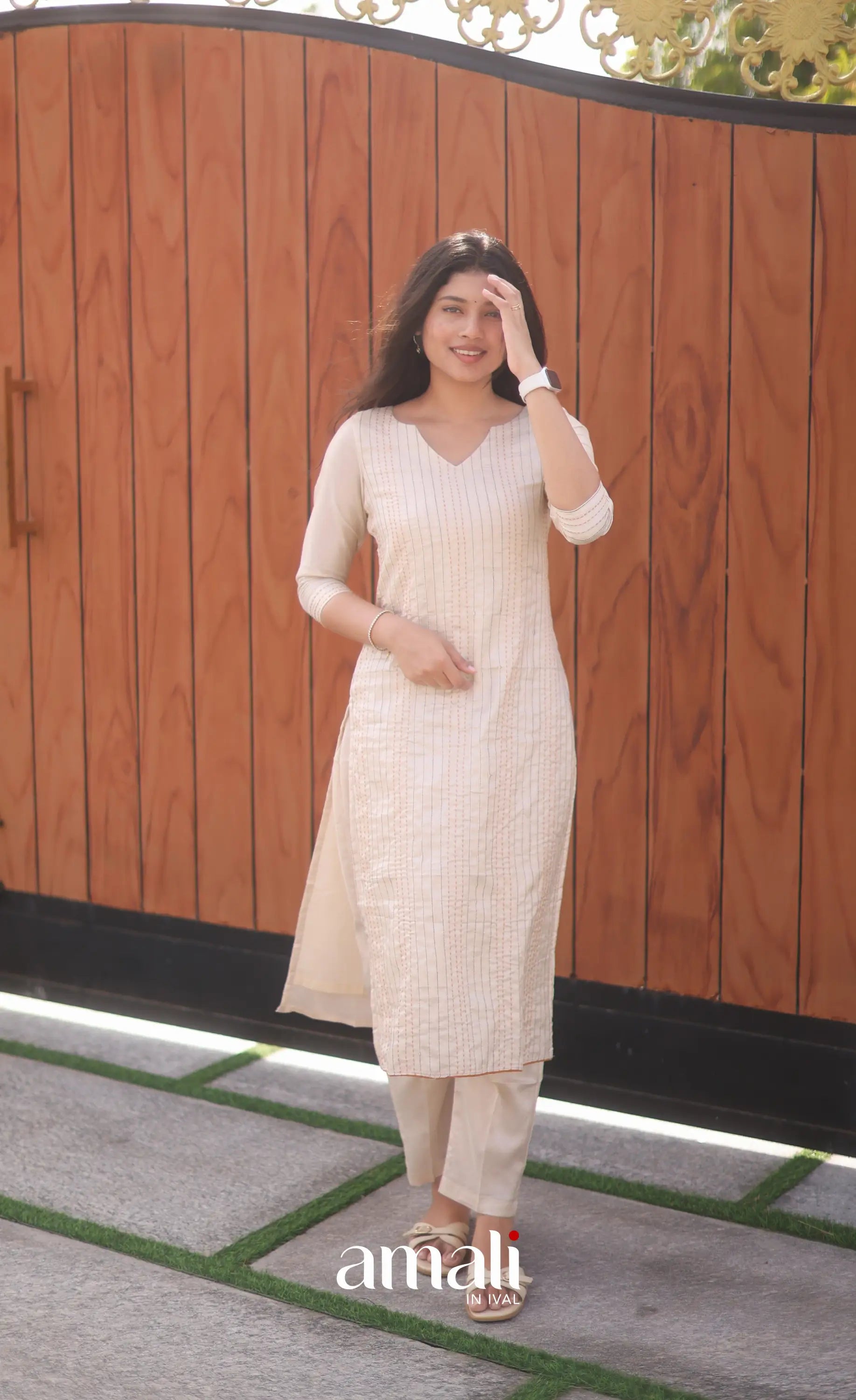Creamish white and Light brown Semi Tussar Salwar - salwar