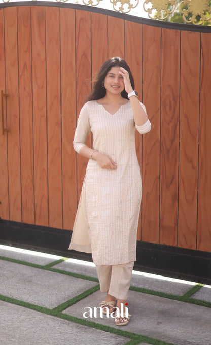 Creamish white and Light brown Semi Tussar Salwar - salwar