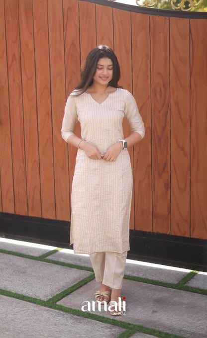 Creamish white and Light brown Semi Tussar Salwar - salwar
