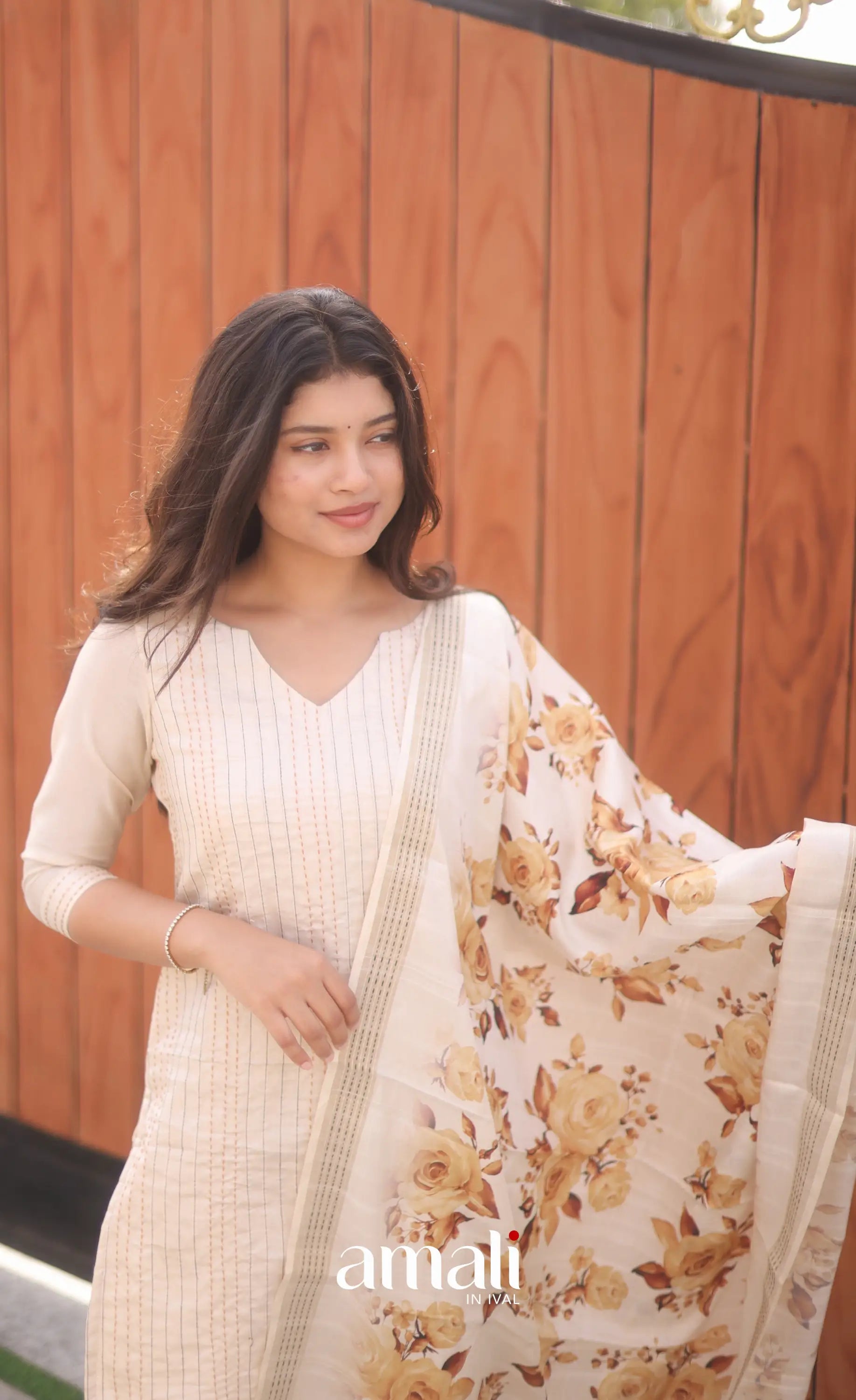 Creamish white and Light brown Semi Tussar Salwar - salwar