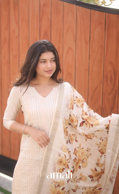 Creamish white and Light brown Semi Tussar Salwar - salwar