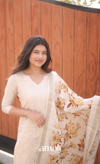 Creamish white and Light brown Semi Tussar Salwar - salwar