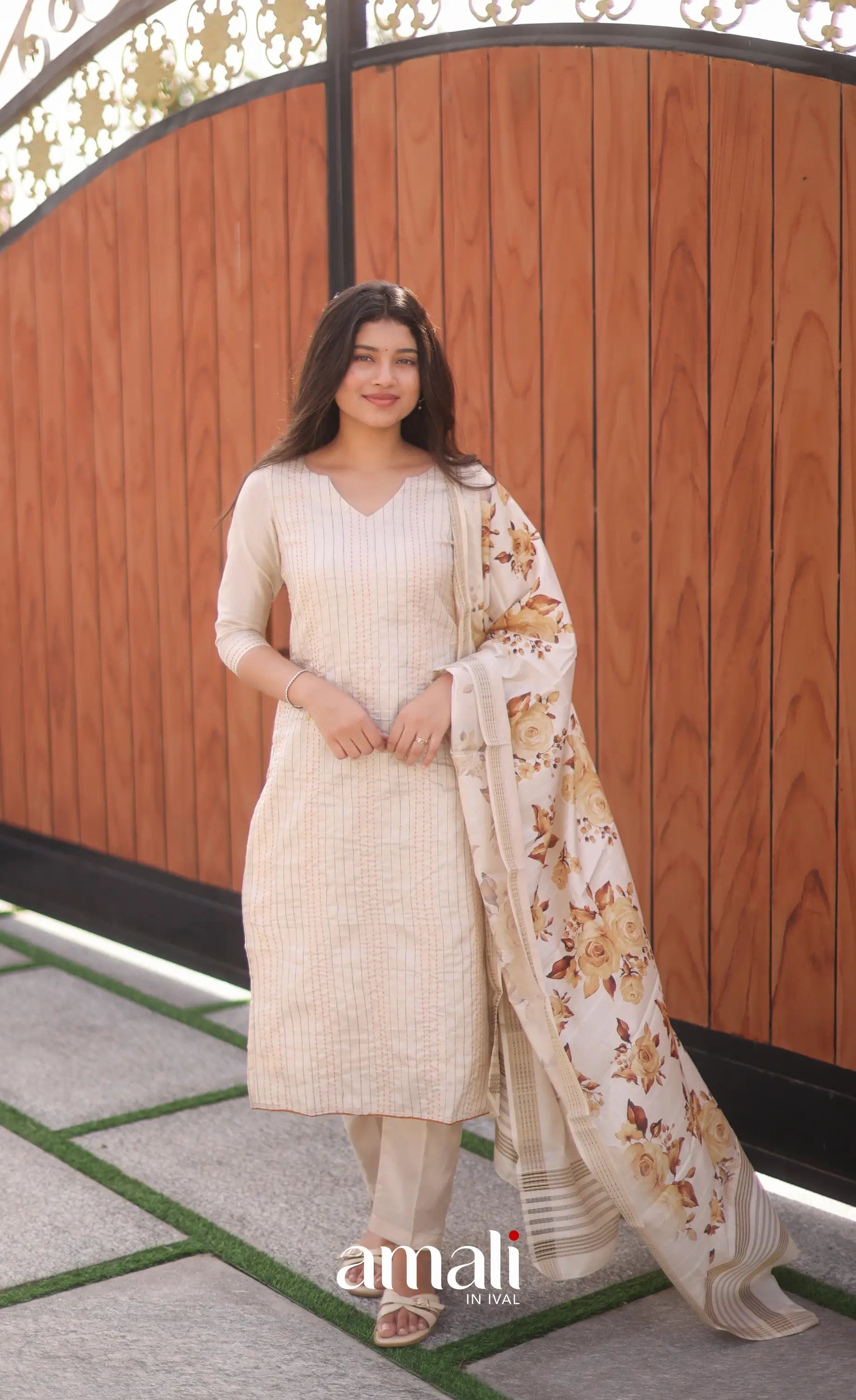 Creamish white and Light brown Semi Tussar Salwar - salwar