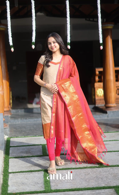 Dark beige and Deep red Chettinad Cotton Salwar Set - salwar