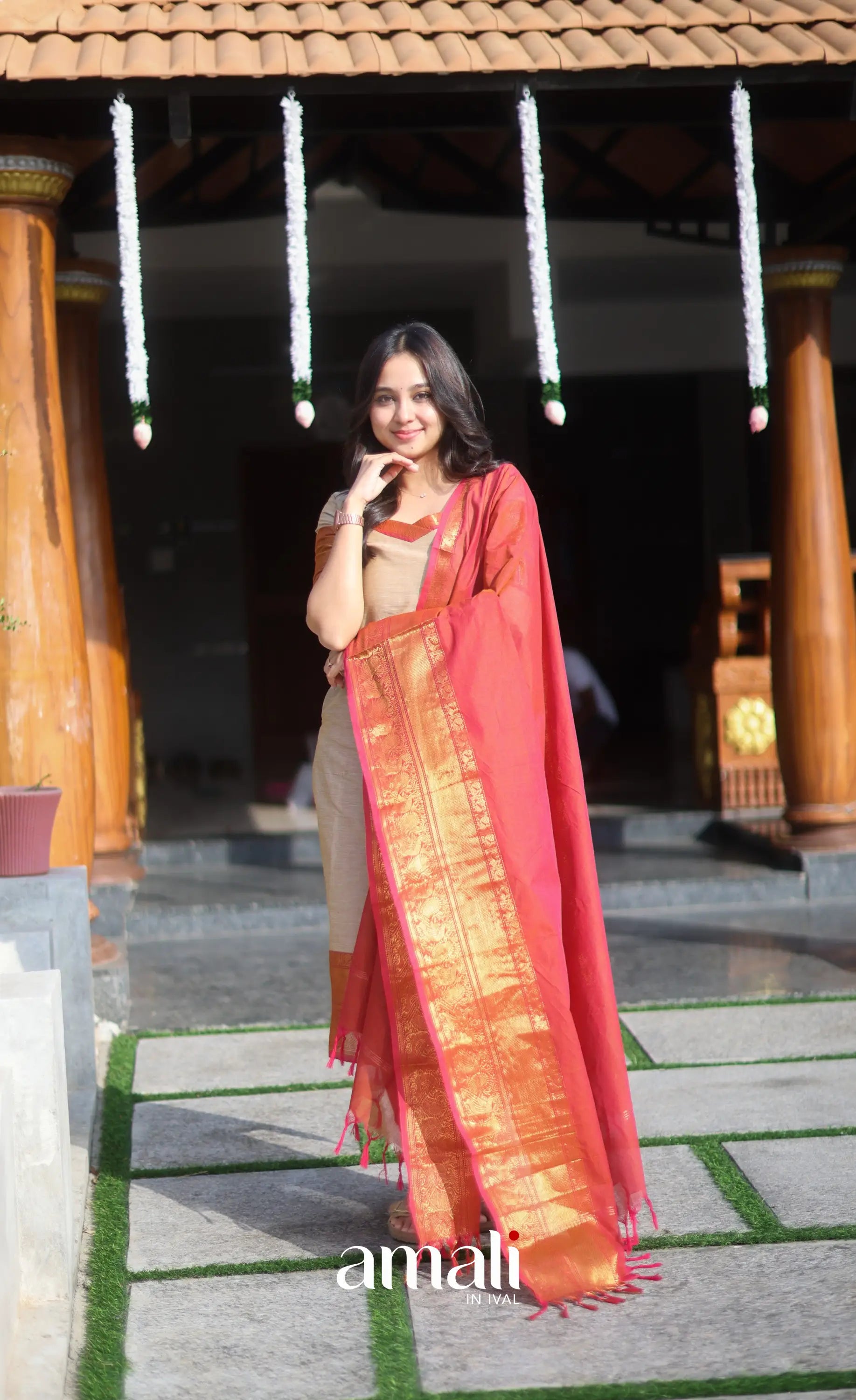 Dark beige and Deep red Chettinad Cotton Salwar Set - salwar