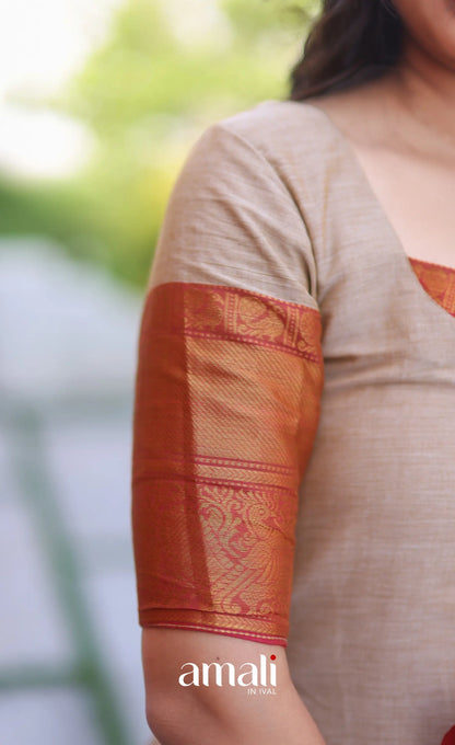 Dark beige and Deep red Chettinad Cotton Salwar Set - salwar