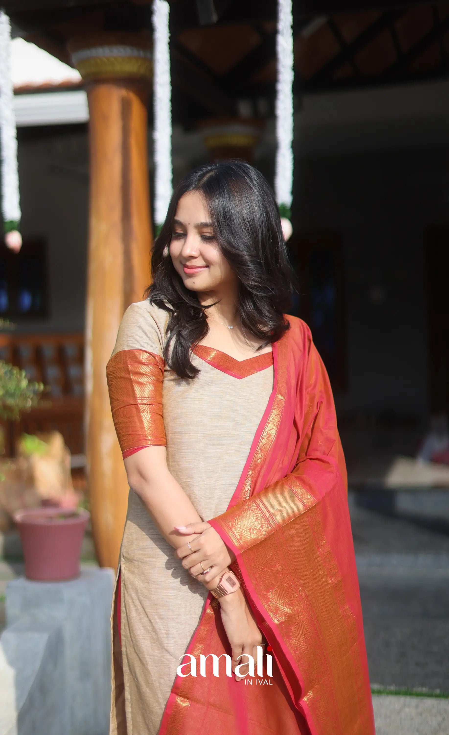 Dark beige and Deep red Chettinad Cotton Salwar Set - salwar