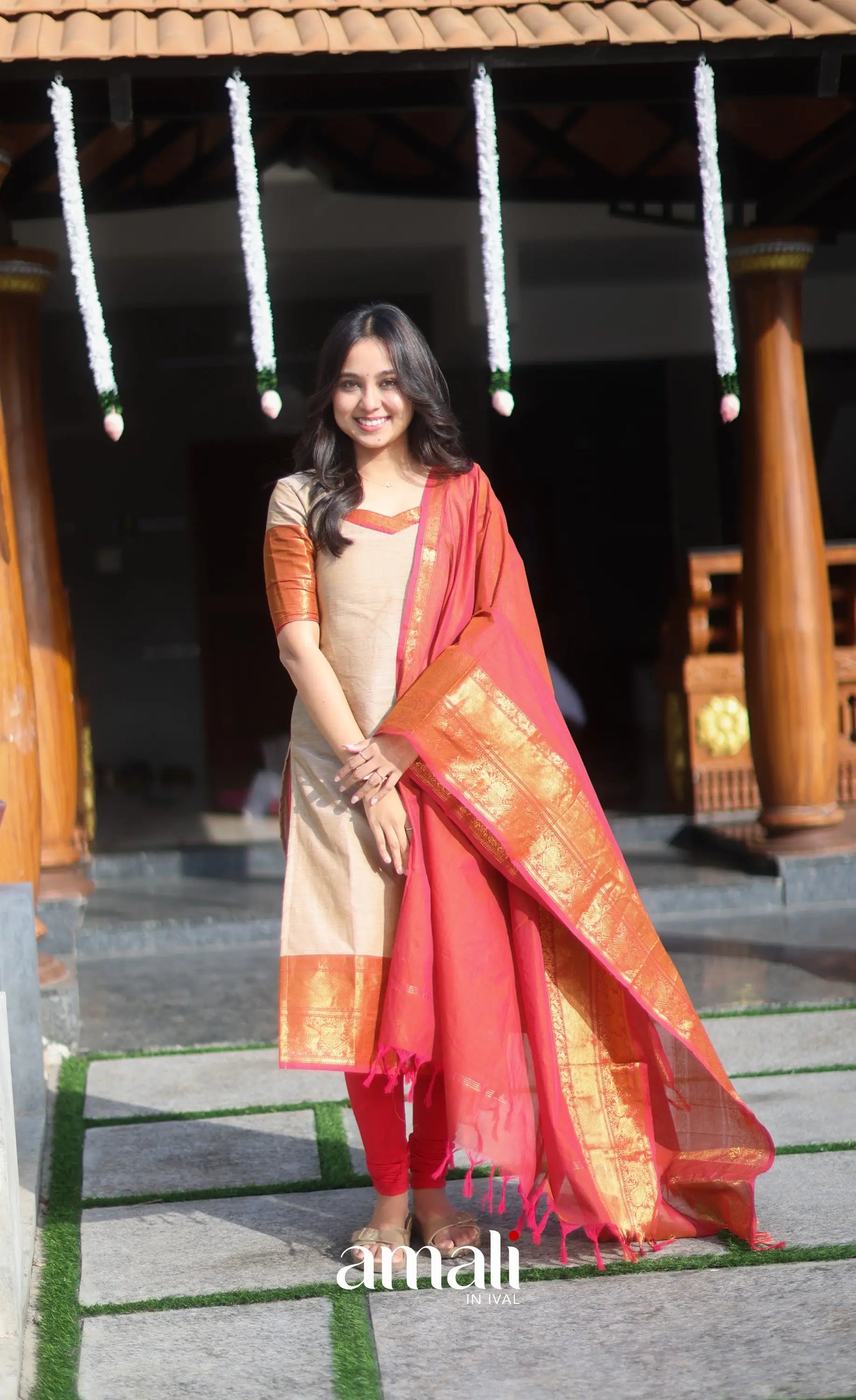 Dark beige and Deep red Chettinad Cotton Salwar Set - salwar
