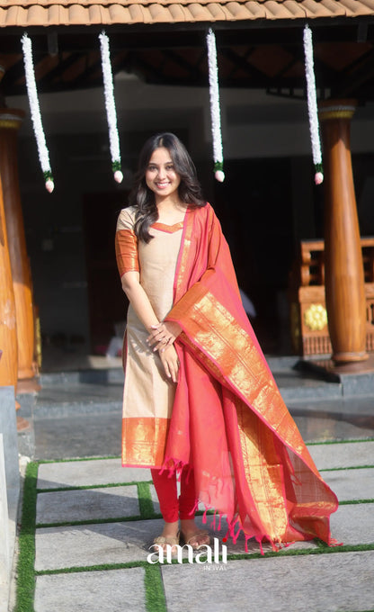 Dark beige and Deep red Chettinad Cotton Salwar Set - salwar