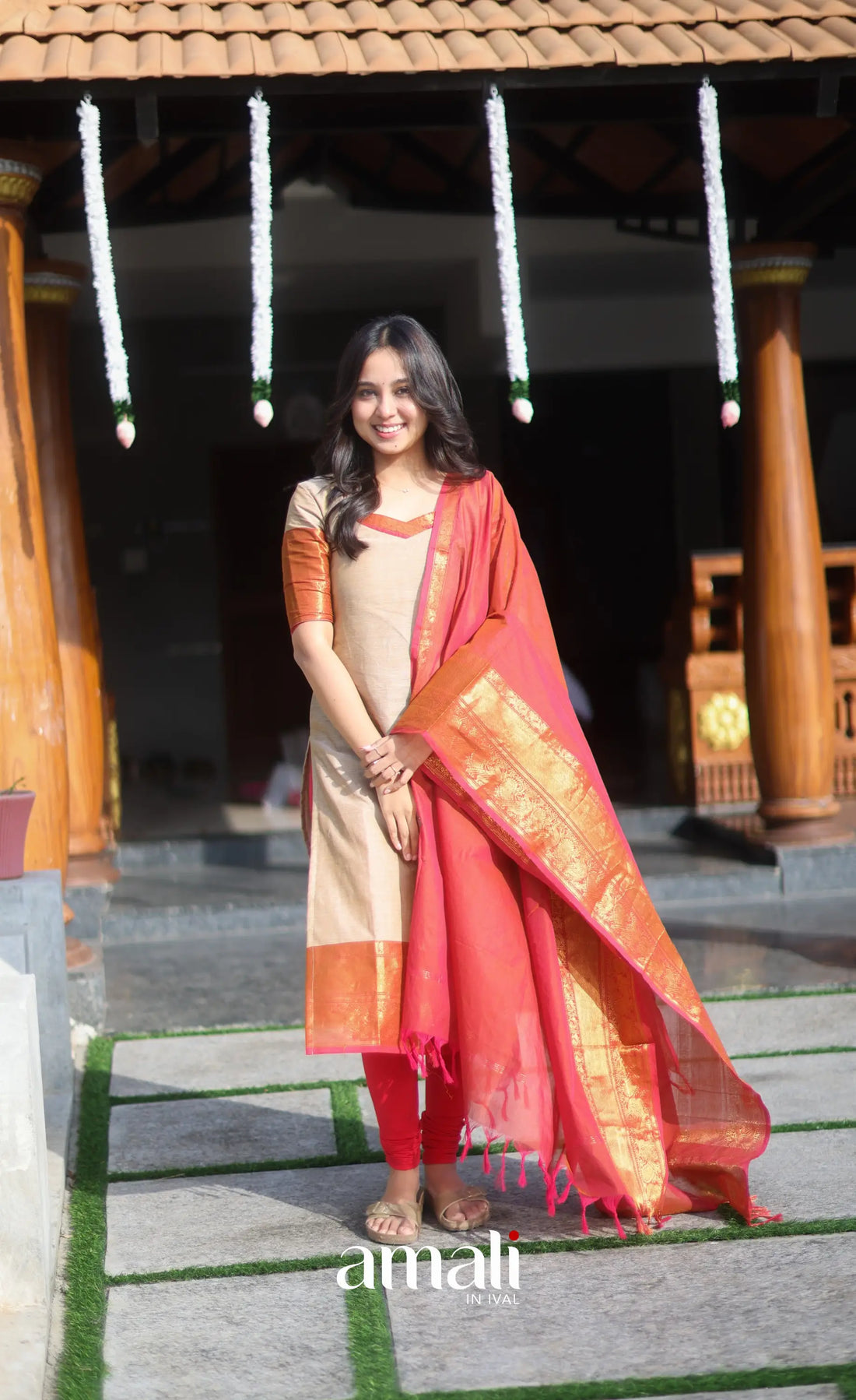 Dark beige and Deep red Chettinad Cotton Salwar Set - salwar