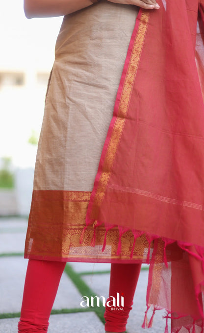 Dark beige and Deep red Chettinad Cotton Salwar Set - salwar