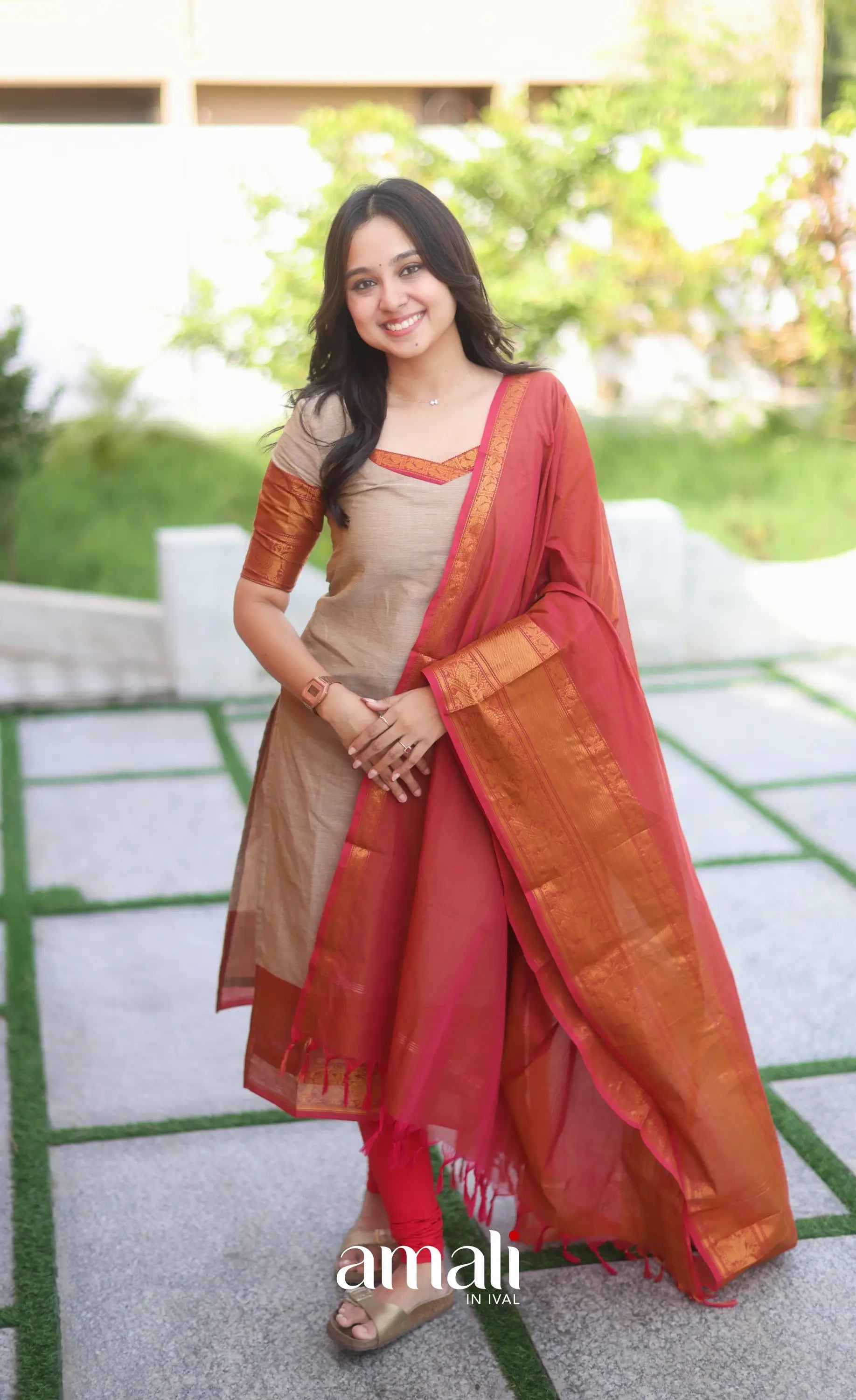 Dark beige and Deep red Chettinad Cotton Salwar Set - salwar