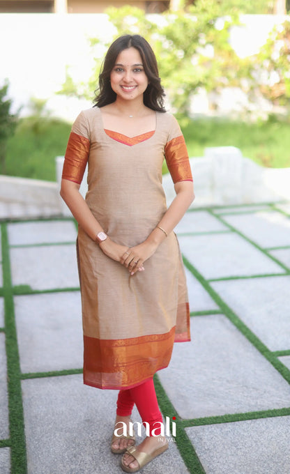 Dark beige and Deep red Chettinad Cotton Salwar Set - salwar
