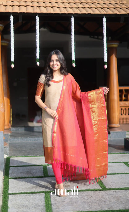 Dark beige and Deep red Chettinad Cotton Salwar Set - salwar