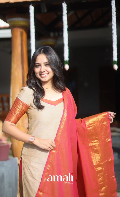 Dark beige and Deep red Chettinad Cotton Salwar Set - salwar