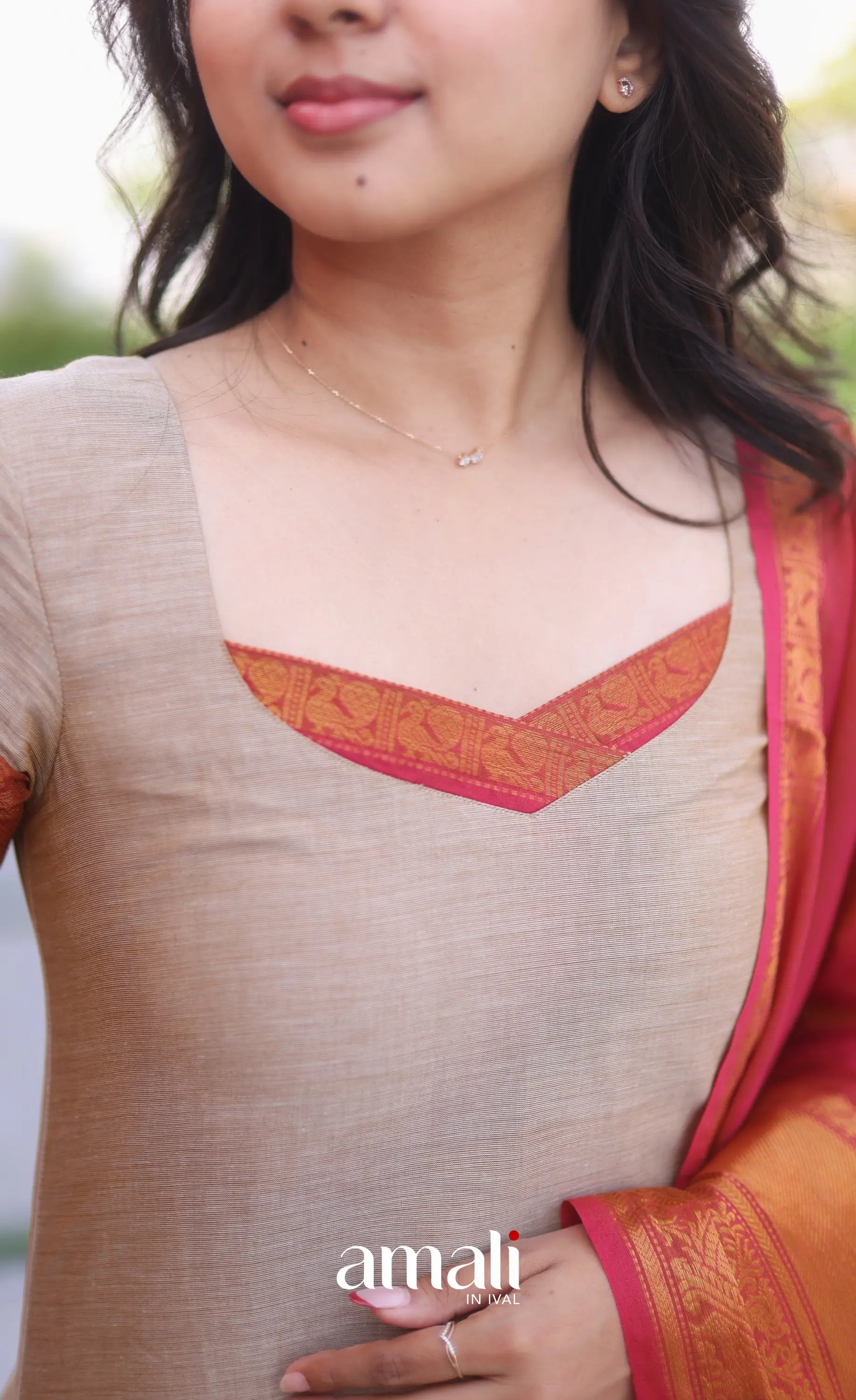 Dark beige and Deep red Chettinad Cotton Salwar Set - salwar