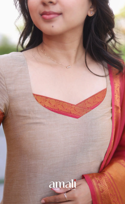 Dark beige and Deep red Chettinad Cotton Salwar Set - salwar