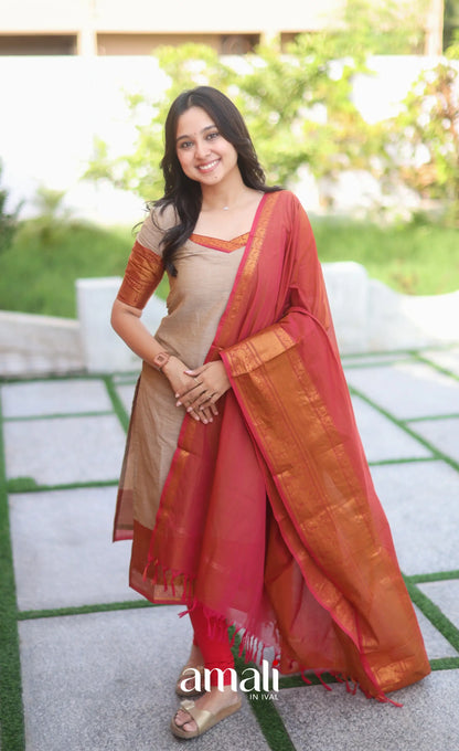 Dark beige and Deep red Chettinad Cotton Salwar Set - salwar