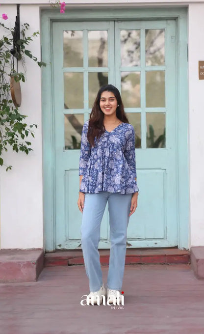 Dark Blue Jaipur Hand Block-Printed Short Top - salwar