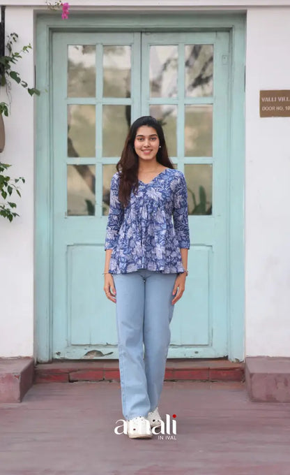 Dark Blue Jaipur Hand Block-Printed Short Top - salwar